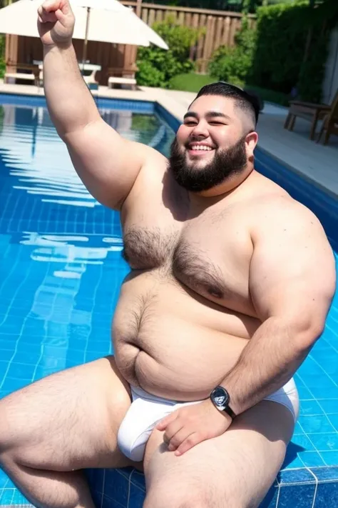 ((highest quality)), ((masterpiece)), (detailed), Perfect Face、Shaved head、Young Japanese、Fat body、Big guy、smile、No beard、Sitting and spreading your crotch、White swimsuit、Emphasis on large genitals、Emphasize the chest、Thick legs、Thick arms、Thick neck、Both ...