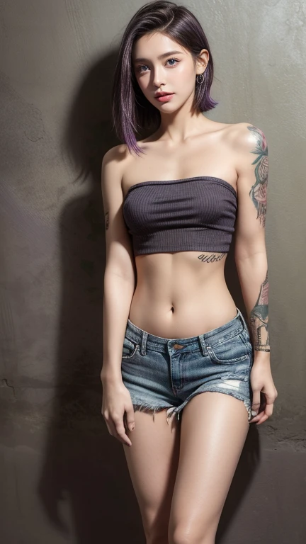 Young girl (34 years old), (perfect face), fit body (has tattoos), (style: rock), (has green eyes), (full body only..), (tired: strapless shirt, Torn jeans shorts, belly exposed), (purple, short straight hair) (medium, rounded chest) (back is a rock style ...