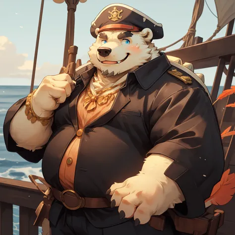 New Jersey 5 Furry，polar bear，Exquisite，portrait，Chubby，Fat，Thick arms，Rugged muscles，White plush fur，Chubby脸，Black eyebrows，Sky blue eyes，Beard，On the deck of the ship，Black hat with peach feather, Red Baron jacket，Gold-tone buttons，Gold shoulders，Black s...