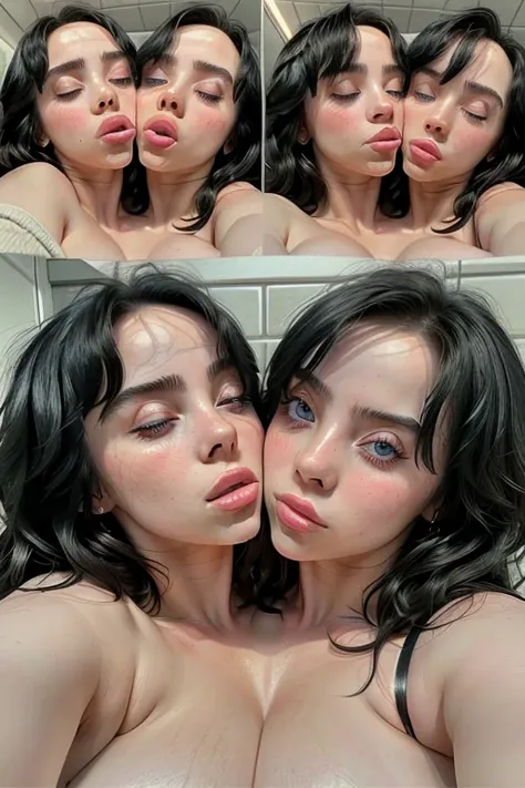 ((masterpiece)), ((best quality)), (detailed), perfect, solo, two-headed billieeilish, a woman, gorgeous woman, luscious lips, black hair, blue eyes, ((extremely detailed eyes)), eyes closing, deep cleavage, sexy, large breasts, (two heads, conjoined_dicep...