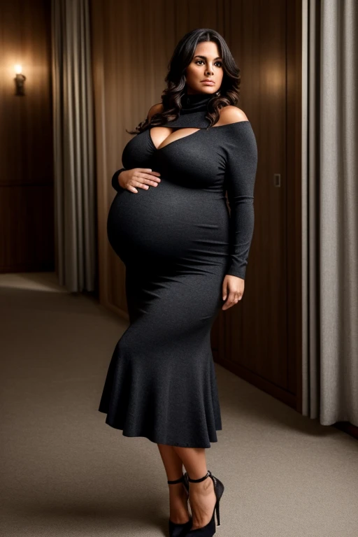 style:photo | Deanna, pregnant, talking to a handsome man, Mohair Turtleneck, very long Skirt, Spike Heels, as a 45yo sexy woman, big big bust obese, shocked, dark hair messy hair caucasian, standing, chest out, erotic, entire_body_in_view, (big sexy  jumb...