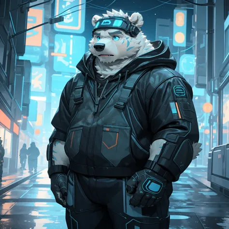 New Jersey 5 Furry，polar bear，Exquisite，portrait，Chubby，Fat，Thick arms，Rugged muscles，White plush fur，Chubby脸，Black eyebrows，Sky blue eyes，Beard，full-body shot，intricate raw photography，Cyberpunk citizen，Comfort Oversized Asymmetric Green Camouflage Patter...