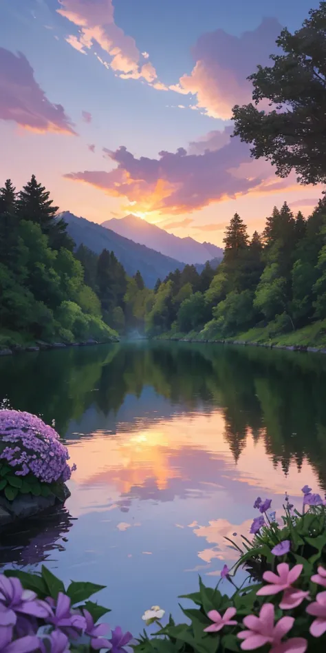 calm spring night landscape, amongst lush greenery, beautiful view, creeping phlox in full bloom, creeping phlox, sunrise sky, b...