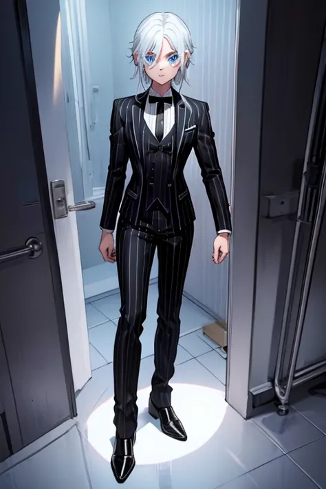 male, blue eyes, (((1girl))), (((black pinstripe suit with white pinstripes))), (white dress shirt), (black tie), (black dress shoes), long legs, skeleton