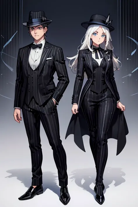 male, blue eyes, (((1girl))), (((black pinstripe suit with white pinstripes))), (white dress shirt), (black tie), (black dress shoes), (black fedora), long legs, skeleton