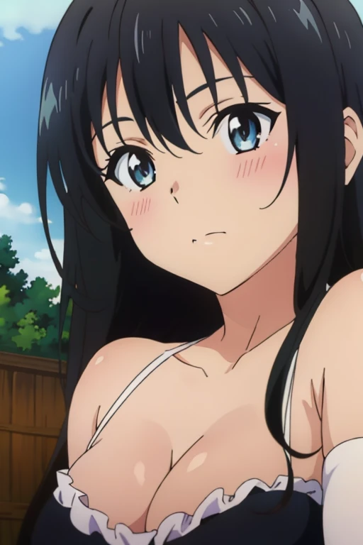 (megami magazine, anime poster style, shueisha style, anime cels style, best quality, high resolution), Yui kotegawa, long hair, black hair, (beautiful detailed eyes:1.8, beautiful face:1.5), 1girl, cute, (sagging large breasts), cleavage, (black maid biki...