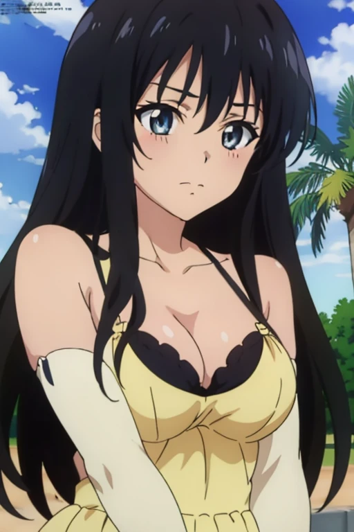 (megami magazine, anime poster style, anime cels style, best quality, high resolution), Yui kotegawa, long hair, black hair, (beautiful detailed eyes:1.8, beautiful face:1.5), 1girl, cute, (sagging large breasts), cleavage, (black maid bikini:1.5, waist ap...