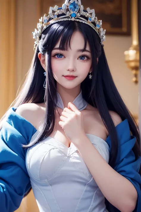 1woman, blue suit, as queen, crown, smile, red eyes, white long hair