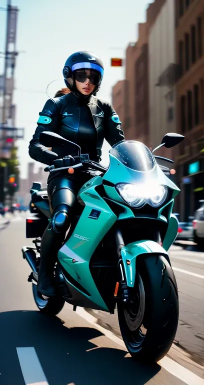 a female cyborg riding a high-tech motorcycle on the street