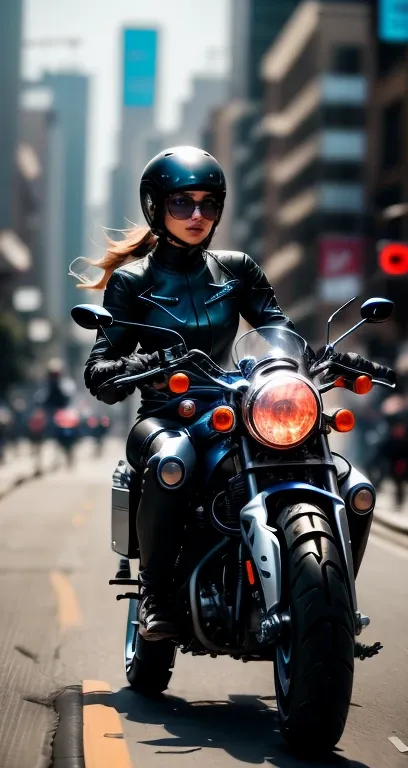 A female cyborg riding a high-tech motorcycle on the street