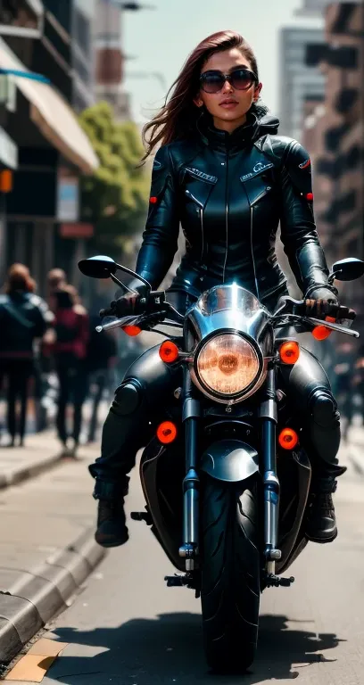 A female cyborg riding a high-tech motorcycle on the street