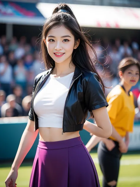 4k ultra hd, masterpiece, best quality, a girl, sports girl, happy, good face, smile, detailed eyes, detailed lips, very long hair, Multicolor floating hair, slim body, medium breasts, tight abs, narrow waist, purple costume, short sleeves, cropped top, op...