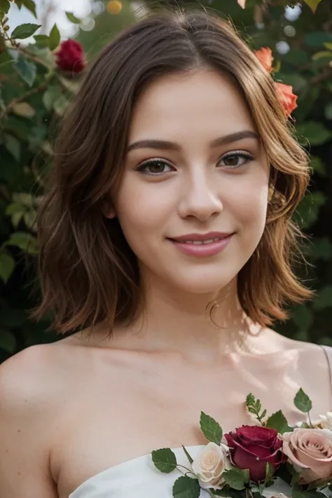 a woman, 25 year old, delicate, cheveux de longueur moyenne, cheveux bruns, skin details, sourire romantique, seductive look, pores de la peau, éclairé par les flashs des photographes, posing, photoshoot, inside a huge bushes of red roses and flowers, pink...