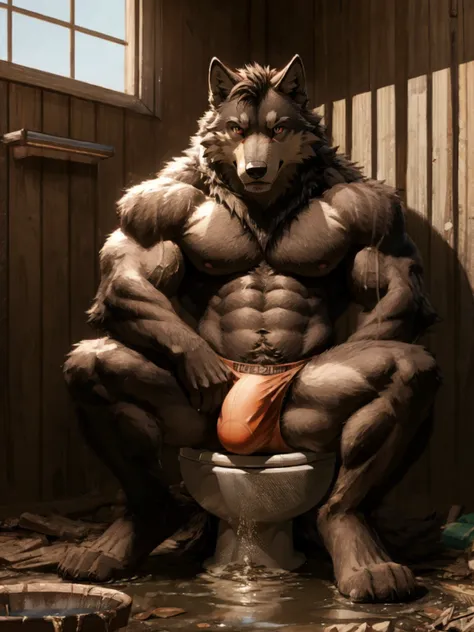 Fluffy brown wolf、Hugely swollen lower abdomen as if pregnant、Very dirty toilet、Sitting on the toilet pose、Wolf sitting on toilet、Both hands touching the crotch、Muddy toilet bowl、Very distressed face、Hairless head、Full body wolf fur、Completely naked、非常に巨大に...