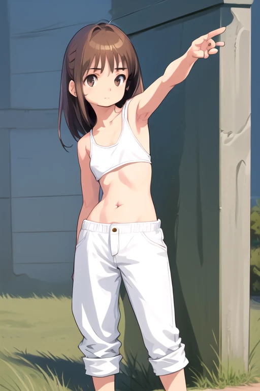 1girl, standing upright, hands down, (from front:2), medium brown hair,  closed mouth, small breasts, flat chest, arms behind ba...