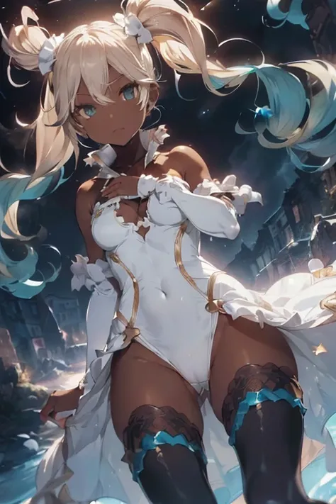 Iooiklas,Platinum Blonde Hair,Twin tails, hair ornaments, White Dress, Black knee socks, Removable sleeves,Complex eyes,Beautiful fine details,Symmetrical eyes,Big eyes:1.5,Seductive eyes, (((dark skin,dark_skin,lustrous skin:1.5,bright skin: 1.5, skin tan...