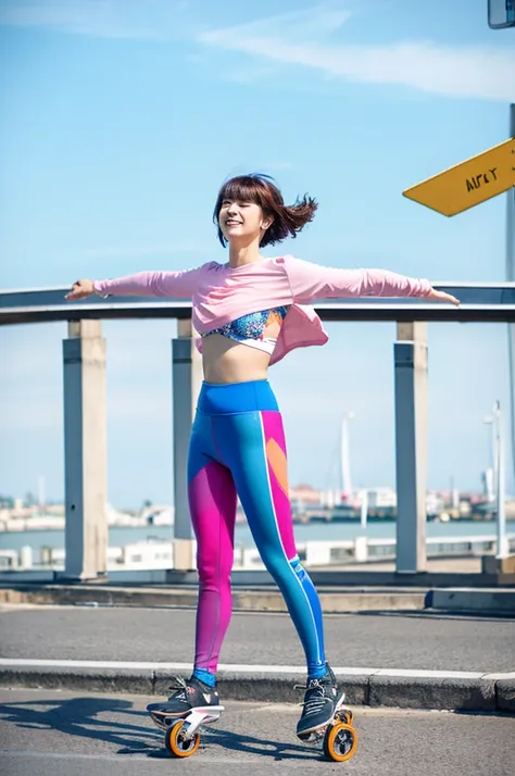 Filming location: Urban seaside promenade hairstyle: Short cut pose fluttering in the wind: Posing at high speed on rollerblades: Colorful leggings and a matching crop top