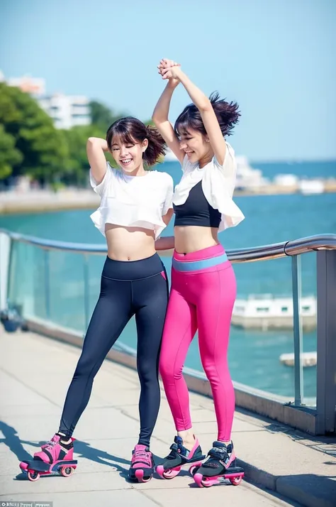 Filming location: Urban seaside promenade hairstyle: Short cut pose fluttering in the wind: Posing at high speed on rollerblades: Colorful leggings and a matching crop top