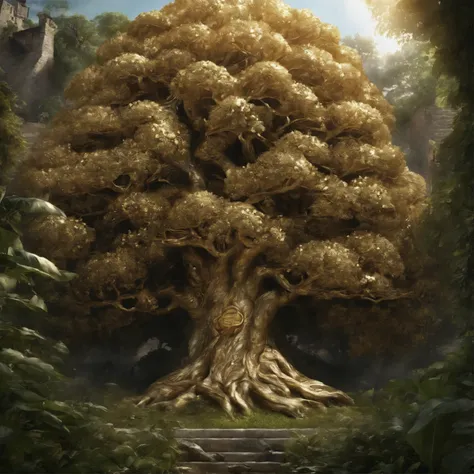 highest quality，The tree is surrounded by vines，The tree is surrounded by gold coins