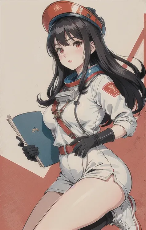 1 Woman,plump_breast,Lovely,beautiful detailed Eye,shiny hair,visible through hair,hairs between Eye, CCCP poster, Soviet Unionposter,Red and Cyan Monochrome,Soviet Union poster, Soviet Union,, Black_hair,Red_Eye,vampire,teenager,breast不好,Space suit:orange...