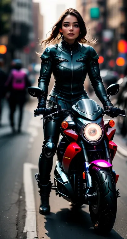 a female cyborg riding a high-tech motorcycle on the street