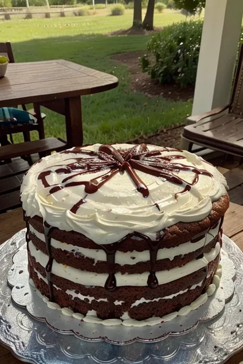 carrot cake, chocolate syrup all over the cake, table with bakery details, beautiful background, landscape background, porch of a house, photo focus on the cake, close-up photo, realistic photo, high resolution, camera, perfect lighting , realist.