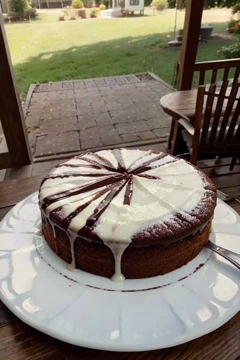 carrot cake, chocolate syrup all over the cake, table with bakery details, beautiful background, landscape background, porch of a house, photo focus on the cake, close-up photo, realistic photo, high resolution, camera, perfect lighting , realist.