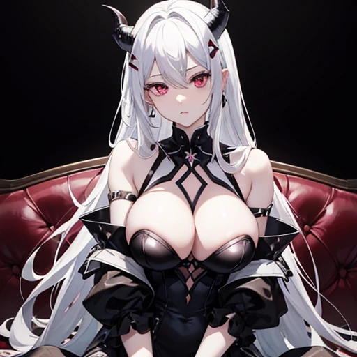 4K、The  Princess、Reincarnated as an inhabitant of the evil world of darkness、Pale skin、White long hair、Black, evil-looking clothing、sharp and narrow eyes、bad eye、Simple two horns、Big Breasts、Leather clothing that accentuates your style、Expose your shoulder...