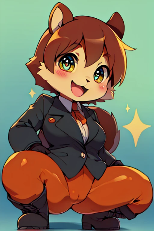 boy, squirrel, furry, bodyfur, blazer, bottomless, color tights, gloves, boots, chibi, happy, sparkling eyes, squatting, from behind, spread legs, facing viewer