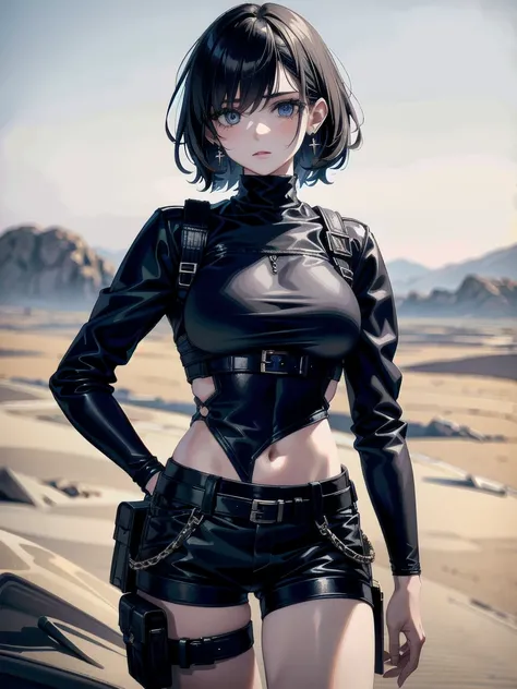 whole body, gunman attire, post apocalyptic desert city, absurdres, RAW photo, extremely delicate and beautiful, masterpiece, Best Quality, ultra high resolution, 32k, hyperrealistic, ultra-detailed, detailed description, pale skin, 20 years old, detailed ...