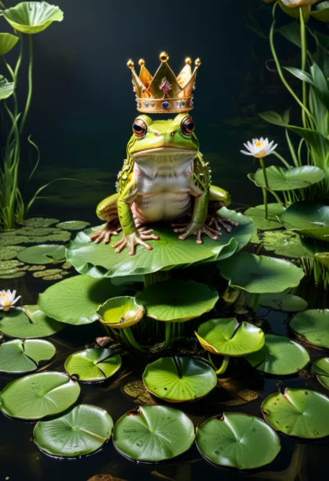 a frog wearing a crown and sitting on a makeshift throne of lily pads,  absurdres, ultra realistic, professional lighting, wide ...