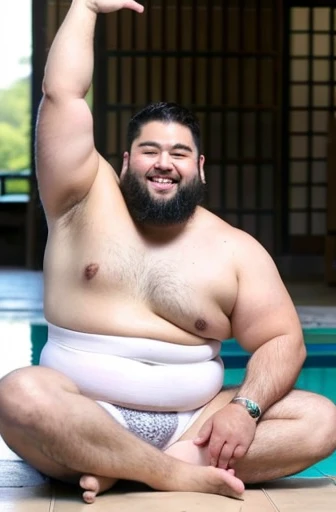 ((highest quality)), ((masterpiece)), (detailed), Shaving、Perfect Face、Shaved head、Young Japanese、Fat body、Big guy、smile、Sitting and spreading your crotch、White short swimsuit、Emphasize the chest、Thick legs、Thick arms、Thick neck、Both arms raised、Emphasis o...