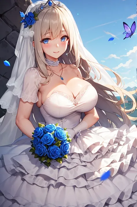 ((masterpiece)), (((best quality))), ((ultra-detailed)), ((illustration)), ((disheveled hair)), ((frills)), (1 girl), (solo)，alternative costume, blonde hair, blue eyes, blue flower, blue rose, blush, bouquet, breasts, bridal veil, bug, butterfly, choker, ...