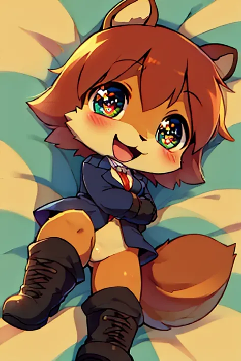 boy, squirrel, furry, bodyfur, blazer, bottomless, color tights, gloves, boots, chibi, happy, sparkling eyes, lying