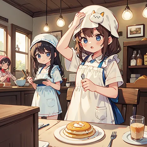 Girls with towels wrapped around their heads making souffle omelets in a cafe　Wearing an apron