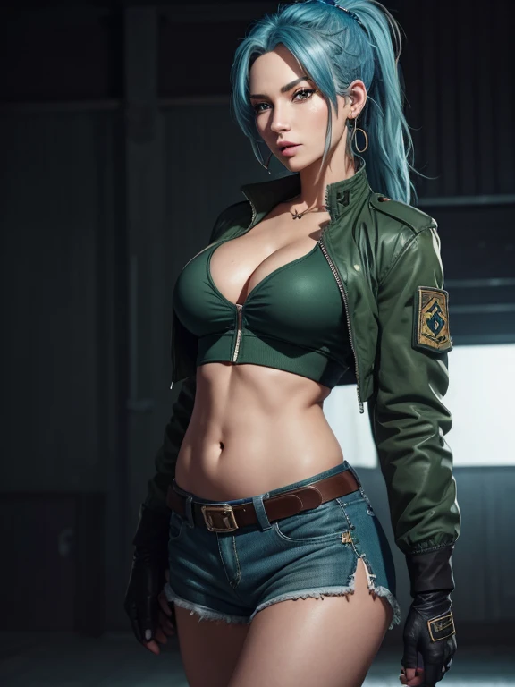 JIM EIDOMODE, 4K, artwork,, best quality, high resolution, 1 girl, Leona Heidern, blue hair, blue eyes, ponytail, green shorts, belly, top cut, black gloves, breasts, military uniform, green jacket , earrings, jewelry, navel, large breasts, cowboy shot,