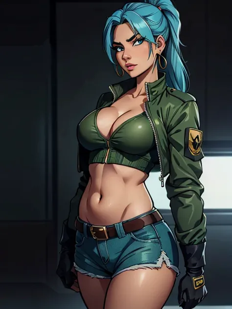 JIM EIDOMODE, 4K, artwork,, best quality, high resolution, 1 girl, Leona Heidern, blue hair, blue eyes, ponytail, green shorts, belly, top cut, black gloves, breasts, military uniform, green jacket , earrings, jewelry, navel, large breasts, cowboy shot,