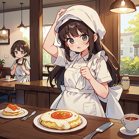 Girls with towels wrapped around their heads making large quantities of soufflé omelettes at a cafe　Wearing an apron