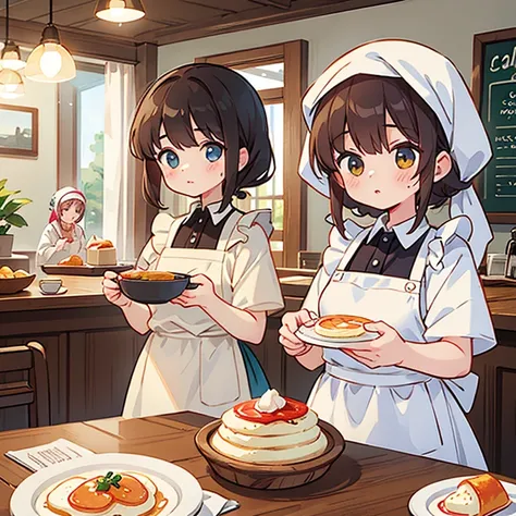 Girls with towels wrapped around their heads making large quantities of soufflé omelettes at a cafe　Wearing an apron