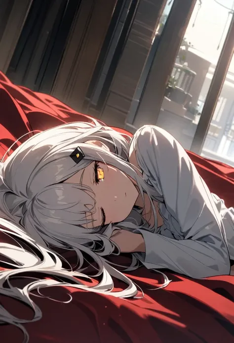 A woman, flowing white hair, melancholy eyes, yellow pupils, black diamond-shaped hairpin, Dutch angle, Sleeping on a thick red silk duvet. low angle