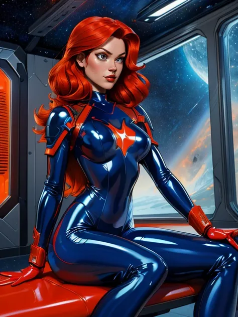 Best quality, 4K, american comics art style, vintage space beautiful woman,long red hair,looking to observer,(((dark blue and orange sheer tight latex suit under detailed silver sci-fi armor))),sitting on a bench in the hallway of a spaceship scenario, dra...