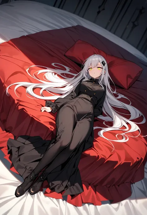 A woman, flowing white hair, melancholy eyes, yellow pupils, black diamond-shaped hairpin, Dutch angle, Sleeping on a thick red silk duvet. low angle, full body,