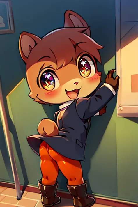 boy, squirrel, furry, bodyfur, blazer, bottomless, color tights, gloves, boots, chibi, happy, sparkling eyes, from behind, standing, against wall, facing away, outstretched hand, looking back, train