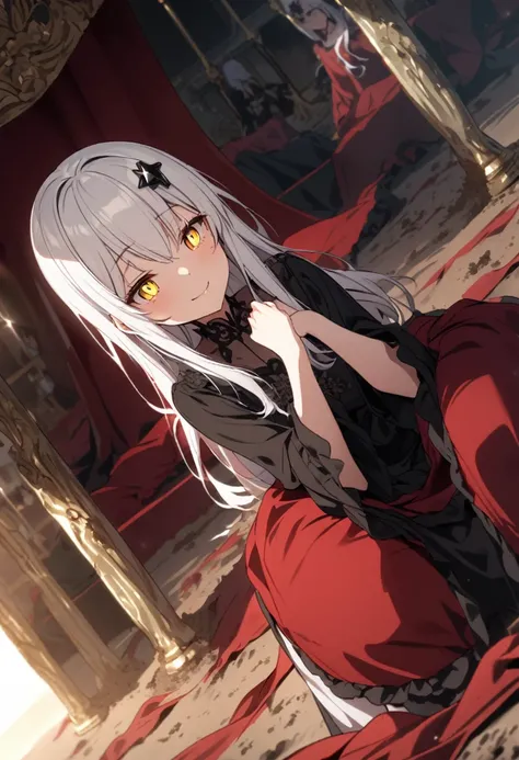 A woman, flowing white hair, melancholy eyes, yellow pupils, black diamond-shaped hairpin, Dutch angle, A woman destroys a luxurious red silk bed in the dirt, innocence, smiles,