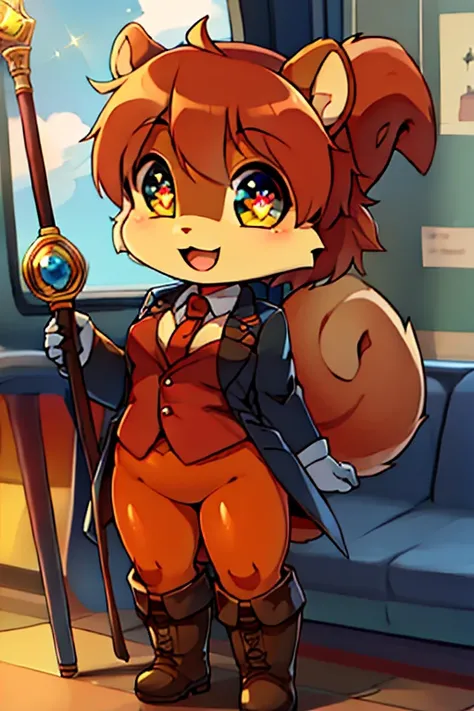 boy, squirrel, furry, bodyfur, blazer, bottomless, color tights, gloves, boots, chibi, happy, sparkling eyes, train, train staff