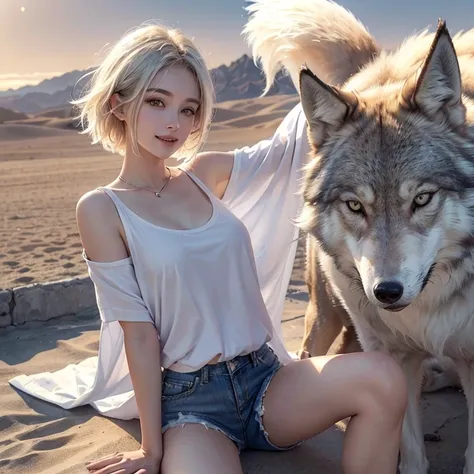 Desert, windy weather, white wolf、 ((highest quality、masterpiece、8k、best image quality、ultra high resolution、Award-winning work)、(accurate anatomy:1.1)、(look at me and smile:1.1)、Shining fair skin with ultra high resolution、most detailed face、ultra high re...