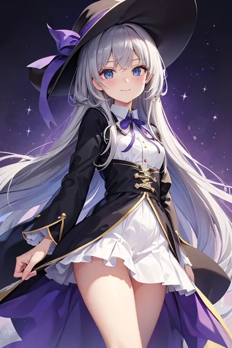 elaina_(majo_no_tabitabi), masterful, masterpiece, 4k,, 1girl, feminine, beautiful, a-cup, grey hair, big magical hat + black on the top and purple on the inside, blue eyes, white shirt, yellow ribbon, black robe,, kawaii, looking at viewer, slight smile, ...