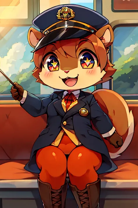 boy, squirrel, furry, bodyfur, blazer, bottomless, color tights, gloves, boots, chibi, happy, sparkling eyes, train, conductor