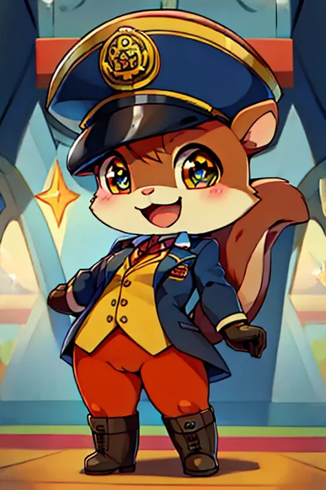 boy, squirrel, furry, bodyfur, blazer, bottomless, color tights, gloves, boots, chibi, happy, sparkling eyes, train, conductor