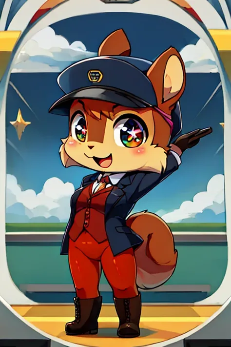 boy, squirrel, furry, bodyfur, blazer, bottomless, color tights, gloves, boots, chibi, happy, sparkling eyes, train, train driver